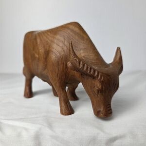 Vintage Handcarved Wooden Bull Taurus Cow Figurine 6"